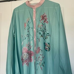 Floral Teal Button-Front Blouse w/ Pink Trim | Size 2XL
